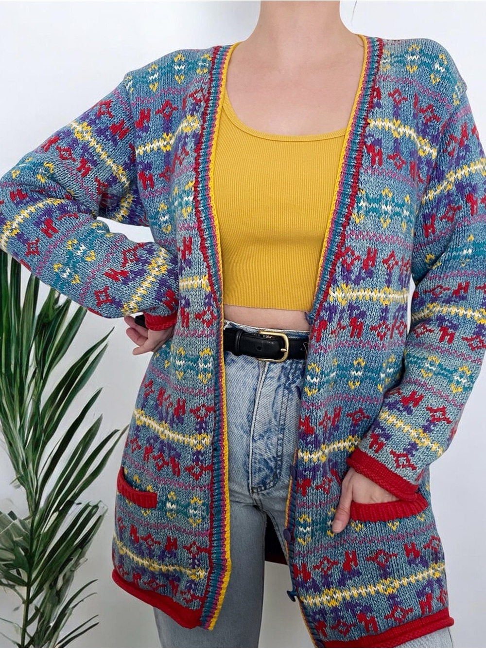 Vintage 90’s Chunky Knit Woven Multicolor Printed Cardigan Sweater